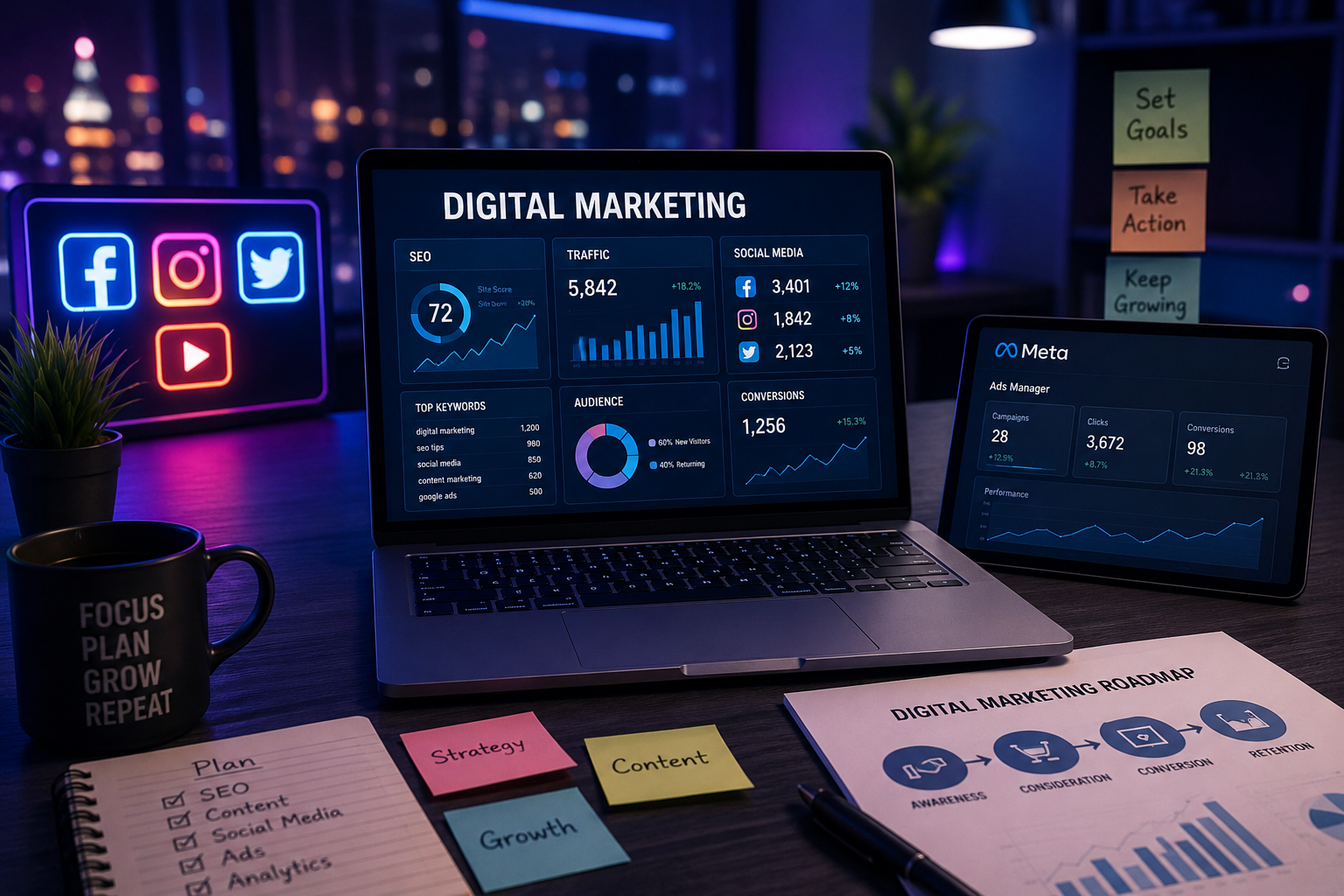 Digital Marketing Roadmap for Beginners with SEO, Meta Ads and Social Media Marketing Workspace